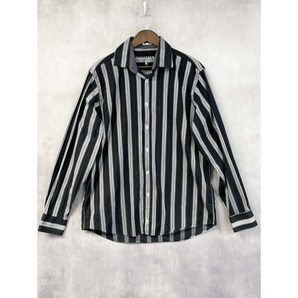 TailorByrd Mens Button Up Shirt Large Stripe Classic Fit Flip Cuff Preppy Mod